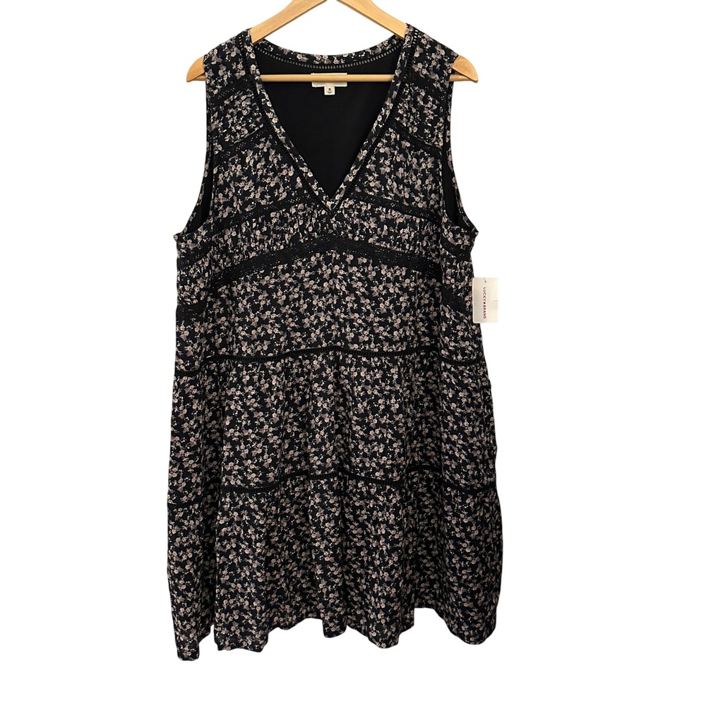 Lucky Brand Floral Tiered Dress Womens XL Black NWT Lace Trim Boho Mini